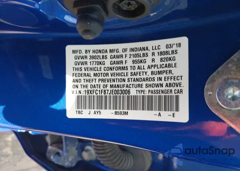 2018 Honda Civic Ex-L из США, поврежденный, VIN 19XFC1F87JE003006